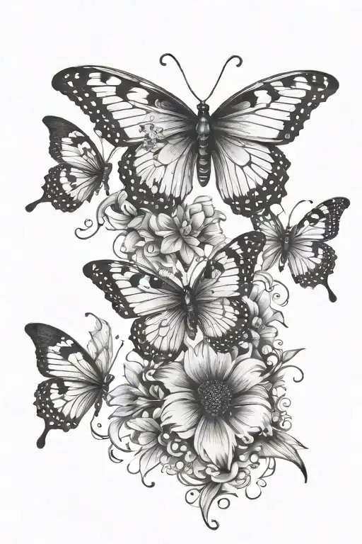 5 letters in Japanese with the evolution of the butterfly cocoon on the upper back and small butterflies going towards the shoulder tattoo design idea