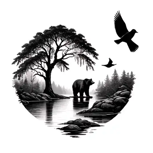 river bank with a willow tree, a bear, two cardinals and a dove  tattoo design idea