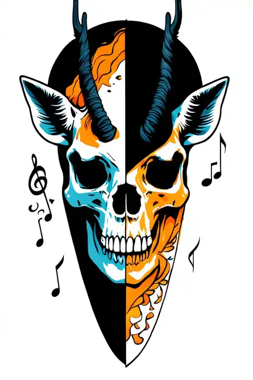 Gazelle with half his face a skull surrounded by musical notes tattoo design idea