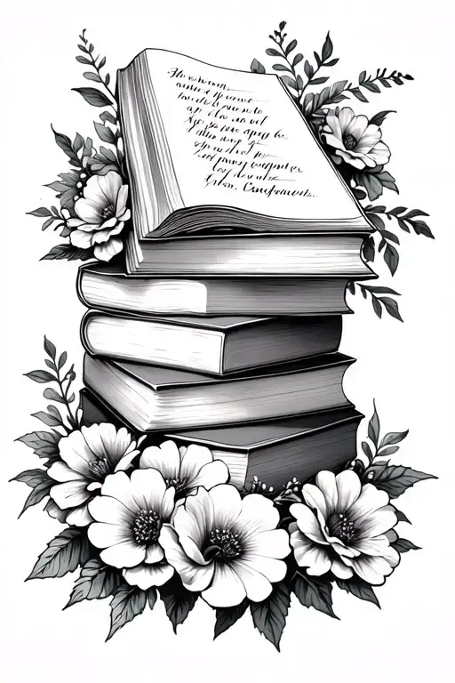 stack of books surrounded by flowers with a whipped out page that has writing on it tattoo design idea