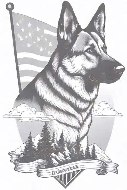 dark portrait german shepherd on a mountain peak American flag waving banner saying "diabetes" tattoo design idea
