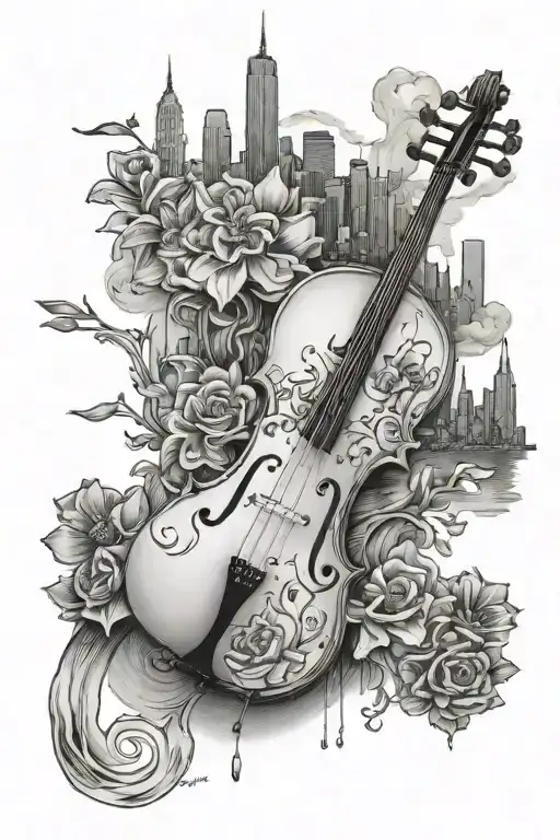 cello and columbine and nyc skyline tattoo design idea