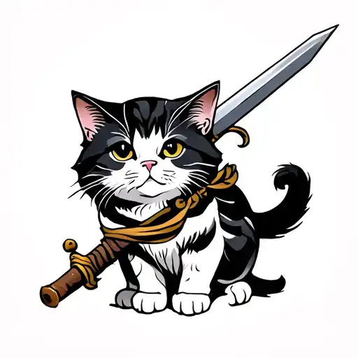 cat sitting by a sword. its tail wrapped around it tattoo design idea