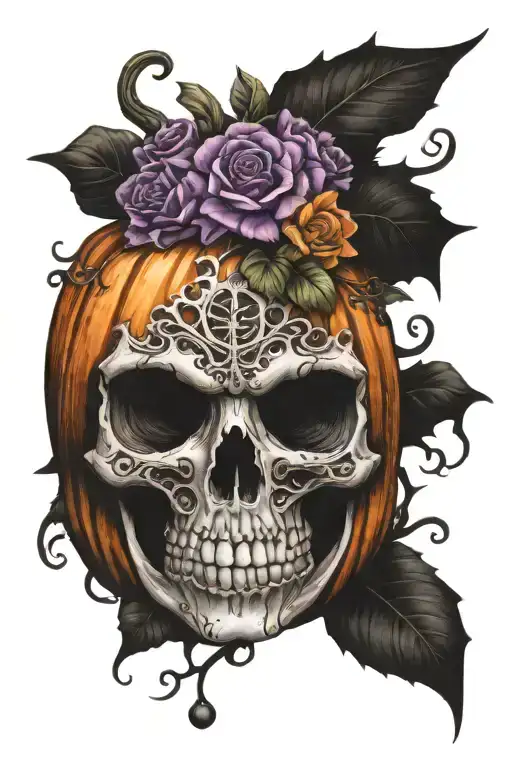 Halloween pumpkin with flowers and pumpkins skeletons orange black purple tattoo design idea
