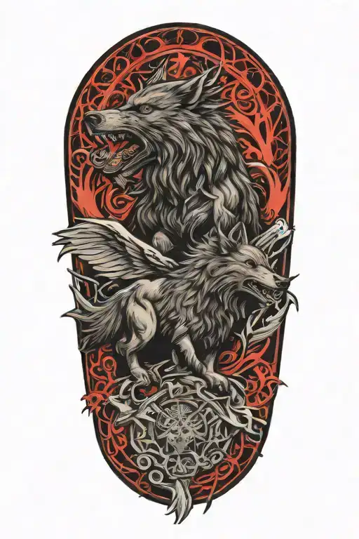 fenrir viking norse wolf fighting ravens Huginn and Muninn flying tattoo design idea