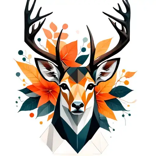 geometric deer head, one antler has a ginngkoleaf dream cather, the other a domapine molecule, forehead 3 dots tattoo design idea