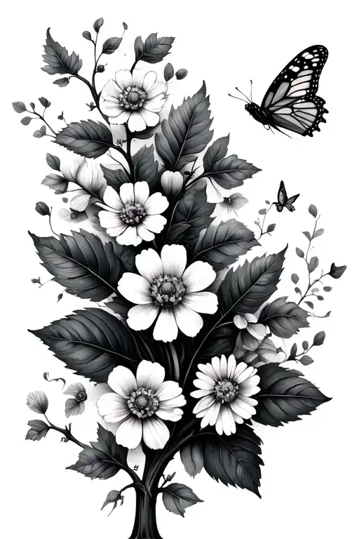 minimalist vine wrap with wildflowers, gorgeous leaves and a butterfly flying around and one perched on a stem tattoo design idea