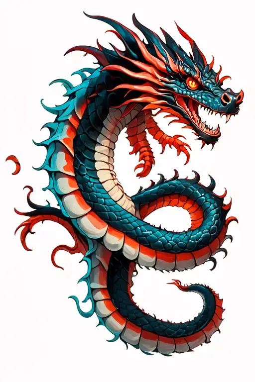 On the left arm is a black and red dragon along with a blue and white snake coiling around from the wrist to shoulder tattoo design idea