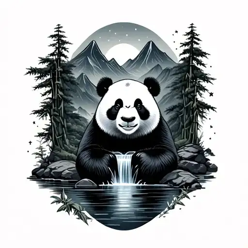 mountain stars panda bamboo river waterfall surrounded tattoo design idea