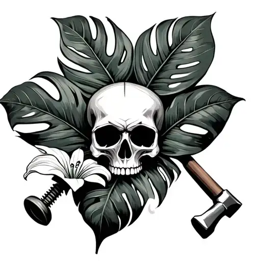 monstera with palm and peace lilly flower with a skull pierced by a tent peg and hammer next to it in the center outline tattoo design idea
