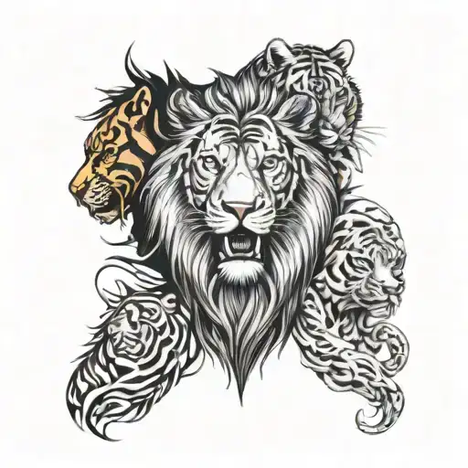 lion and tiger and shark and bear and eagle leg sleeve tattoo design idea