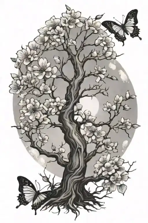Moon cherry blossom butterfly emerging tree tattoo design idea