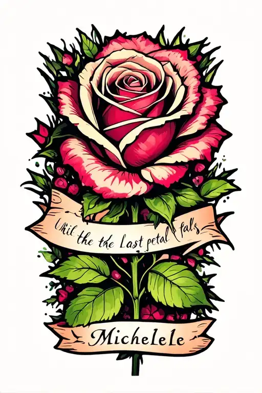 a rose with the stem saying "until the last petal falls" and leave of the stem with the name Michelle in it tattoo design idea