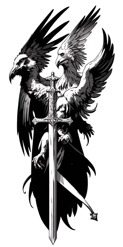 catholic and phoenix with sword emerging tattoo design idea