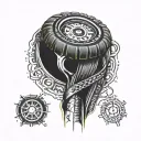 rally car tyre threads wrapping around arm ending at the wrist with a gear shift knob   tattoo design idea