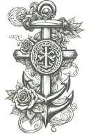 anchor with a cross and roses intertwined hearts tattoo design idea