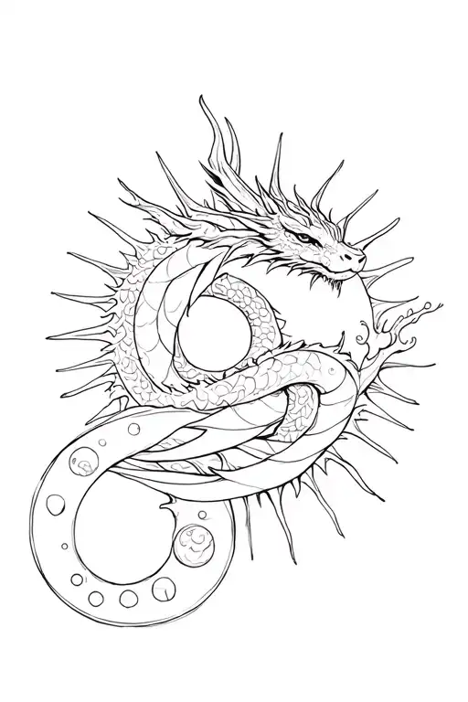 Dragon wrapped around sun and bunny with moon phases tattoo design idea