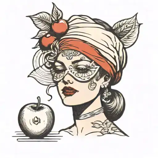 blindfolded lady with apple on her head tattoo design idea