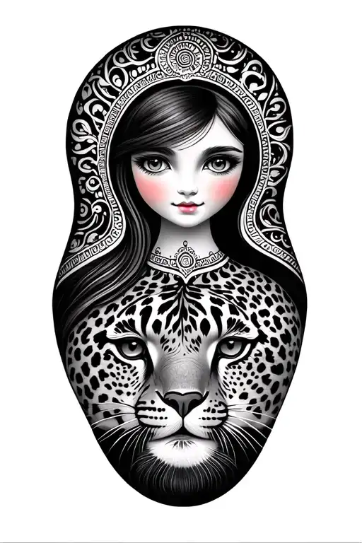 girl matrushka doll with mendhi cheetah print surrounded tattoo design idea