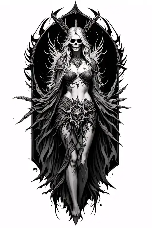 full body hel nordic godess of death tattoo design idea