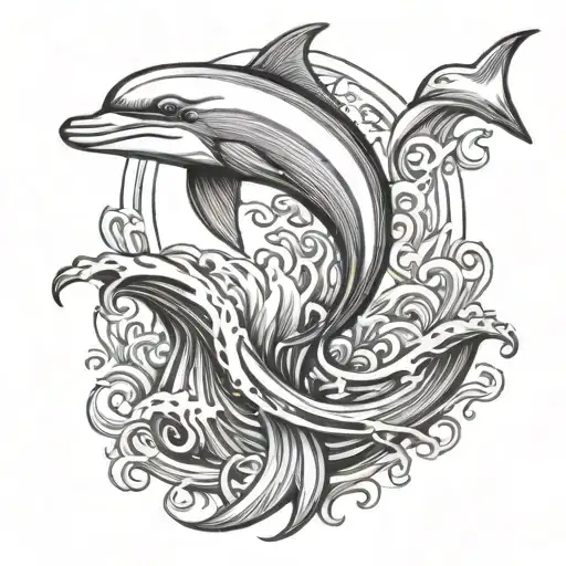 waves surf gothic trident dolphin jumping tattoo design idea