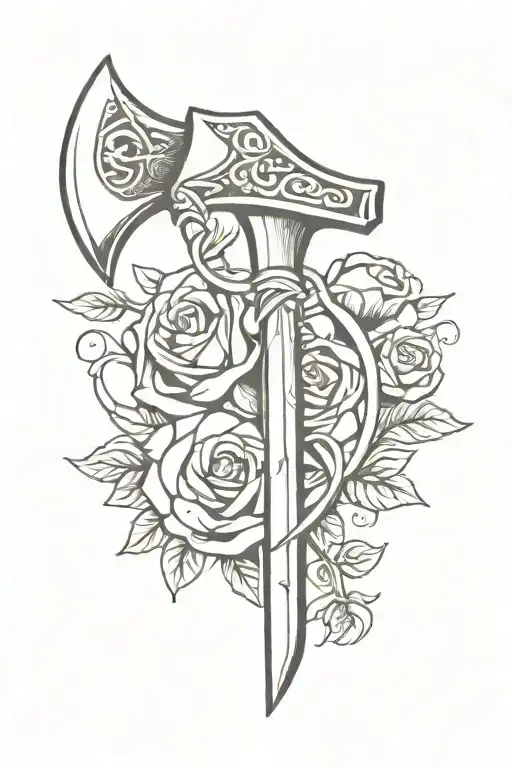 Viking axe with a rose intertwined tattoo design idea
