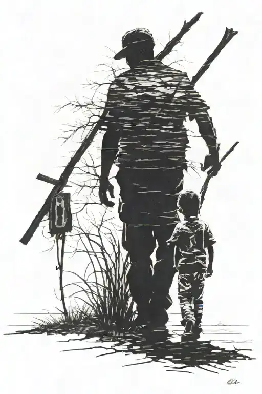 1. **Silhouette at the Crossroads**: Depict a black silhouette of a man and his son, standing back to the viewer and hol tattoo design idea