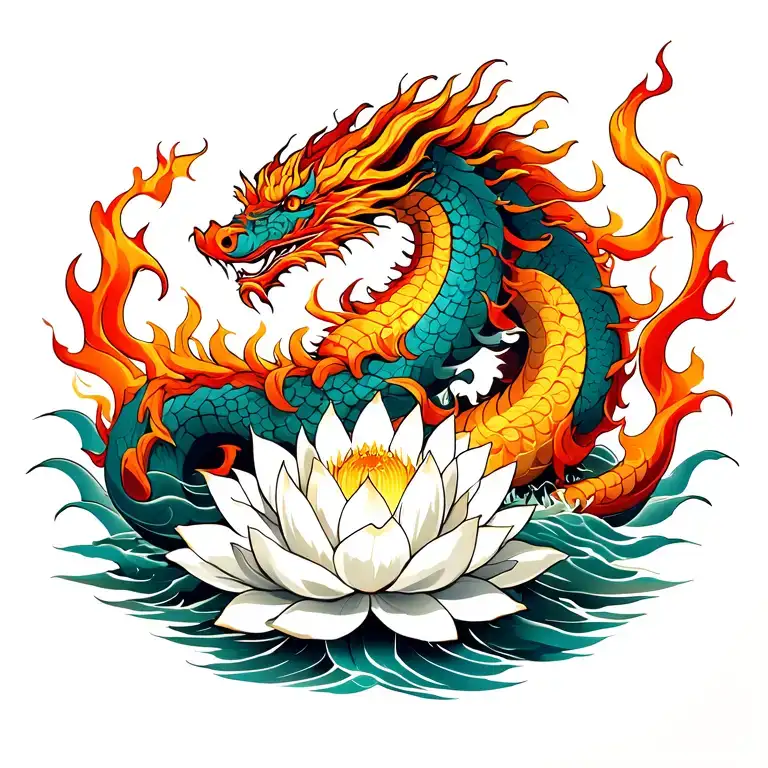 fire dragon wraps around white lotus in water waves tattoo design idea