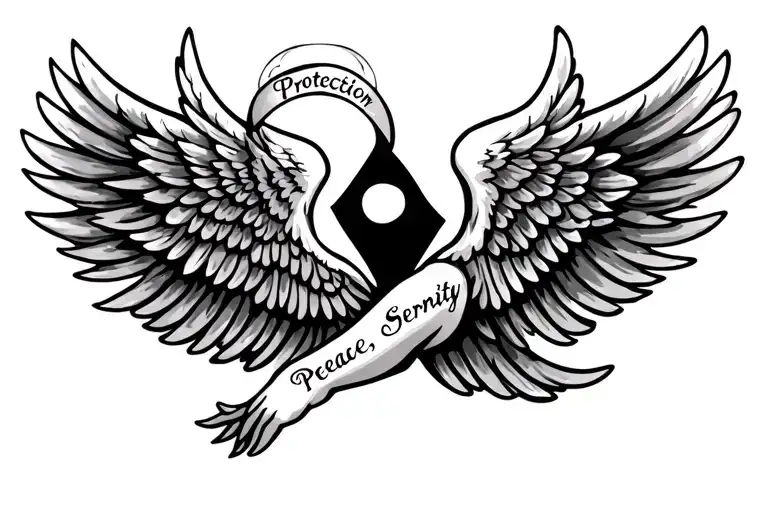 angel wings with the words Protection, Peace, Serenity. underneath the wings for forearm tattoo design idea