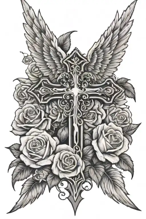 cross with angel wings and roses  tattoo design idea