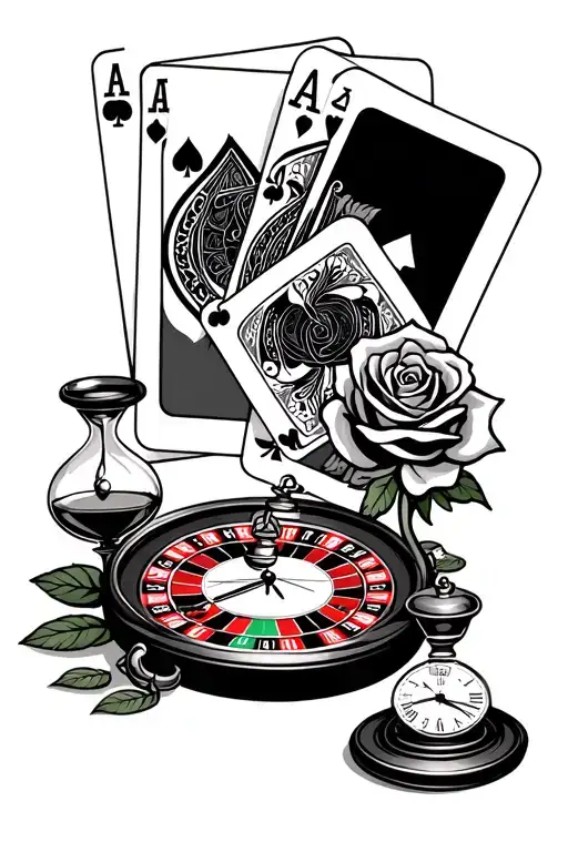 ace and jack cards with a roulette table and a rose and a pocket watch and a hour glass tattoo design idea