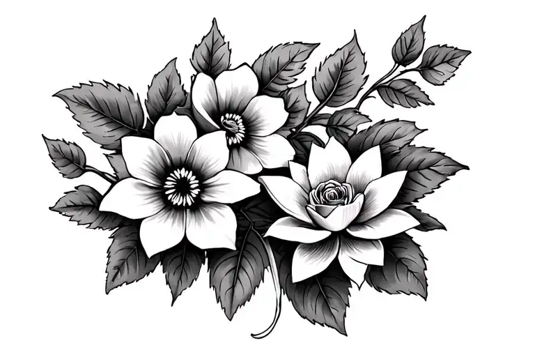 2 violets, 2 morning Glorys, 1 cosmo, 1 Rose, & 1 water lily on a vine thigh tattoo  tattoo design idea
