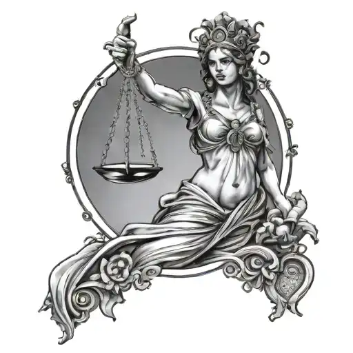 Characters: Themis (Lady Justice): Depicted full-length, blindfolded, holding scales in one hand. She tattoo design idea