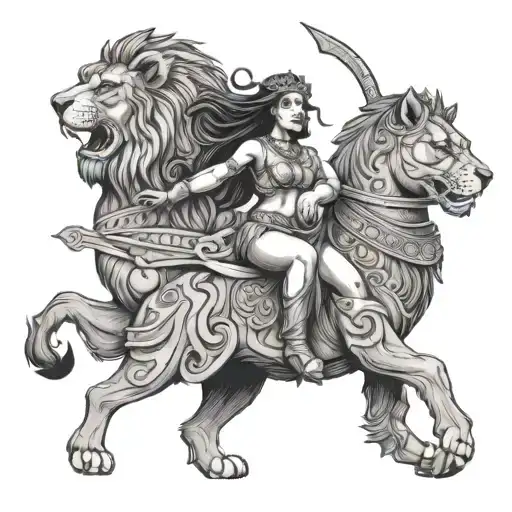 mezopotamian goddess ishtar with lion chariot and Star shield tattoo design idea