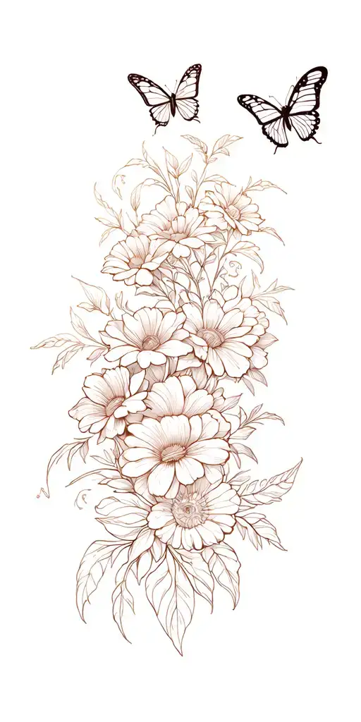 flowers with butterflies and the leo zodiac sign tattoo design idea