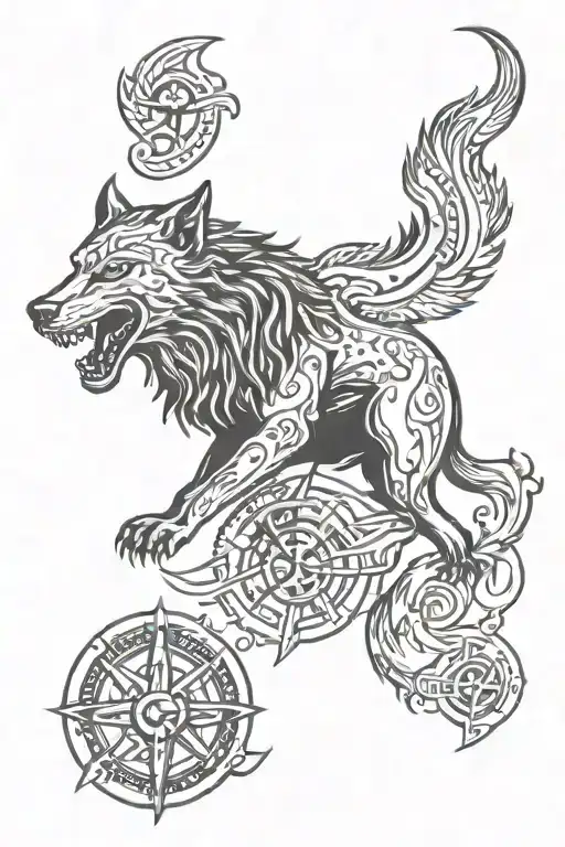 fenrir with gemini zodiac and runes tattoo design idea