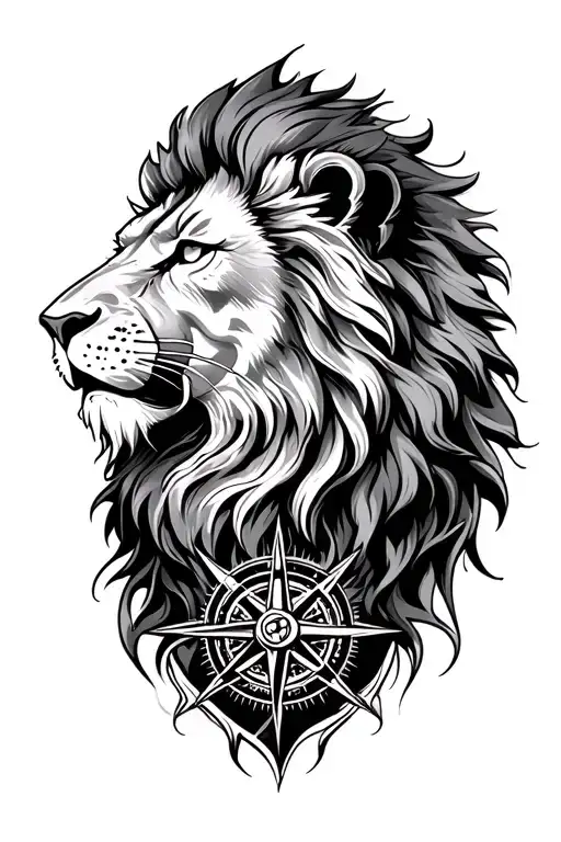 lion head and compass rose tattoo design idea
