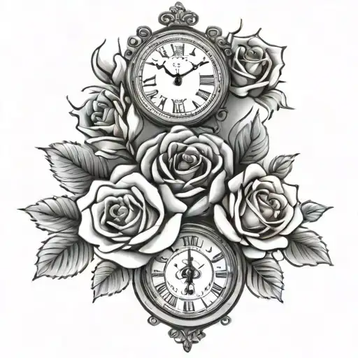 clock,pray hands and rose  tattoo design idea