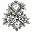 clock,pray hands and rose  tattoo design idea