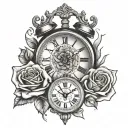 clock,pray hands and rose  tattoo design idea