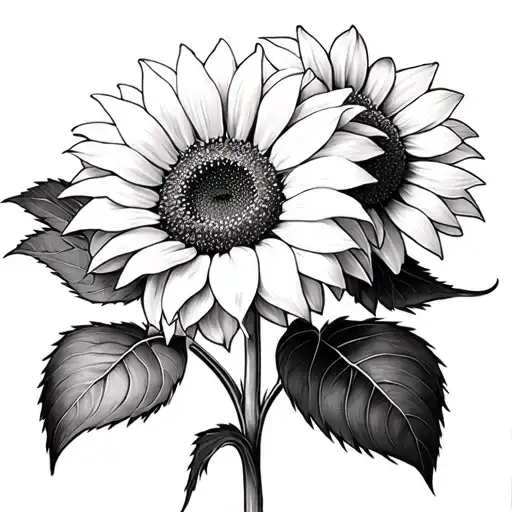 Black and white pencil sketch of two large sunflowers with detailed petals and realistic shading, surrounded by broad  tattoo design idea