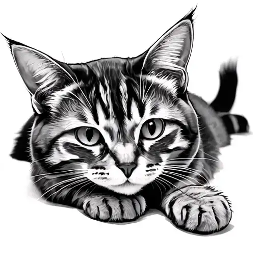grey tabby cat, laying on back, looking at me tattoo design idea