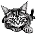 grey tabby cat, laying on back, looking at me tattoo design idea