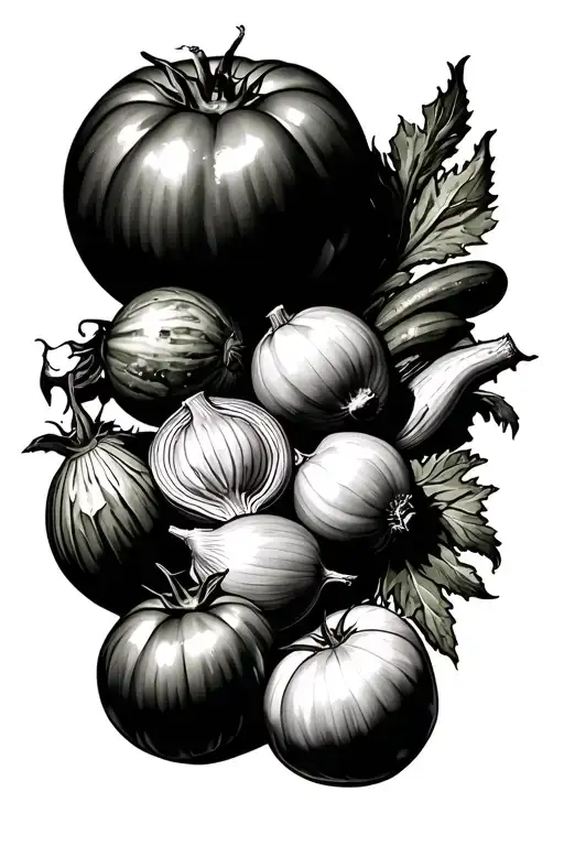 tomatoes, cucumbers, raddish, cabbage, garlic, onion tattoo design idea