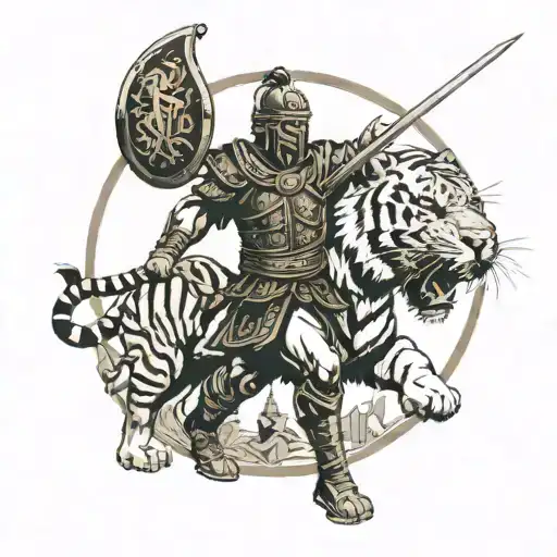 Gladiator in battle, with a sign in the background of stoicism, tiger stalking him tattoo design idea