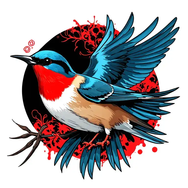 Barn Swallow bird with blood red throat feathers flying tattoo design idea