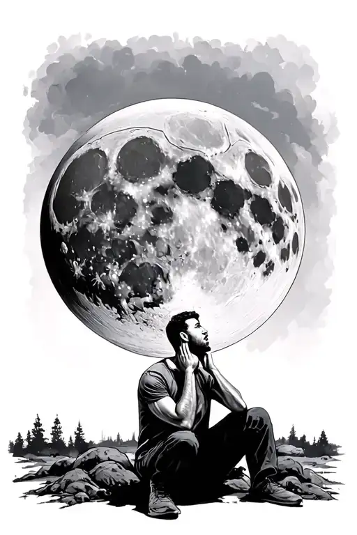man sitting in front of huge realistic detailed moon resting his chin on his fist looking up at it tattoo design idea