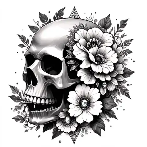 skull, flowers, with mandala and gems underneath tattoo design idea