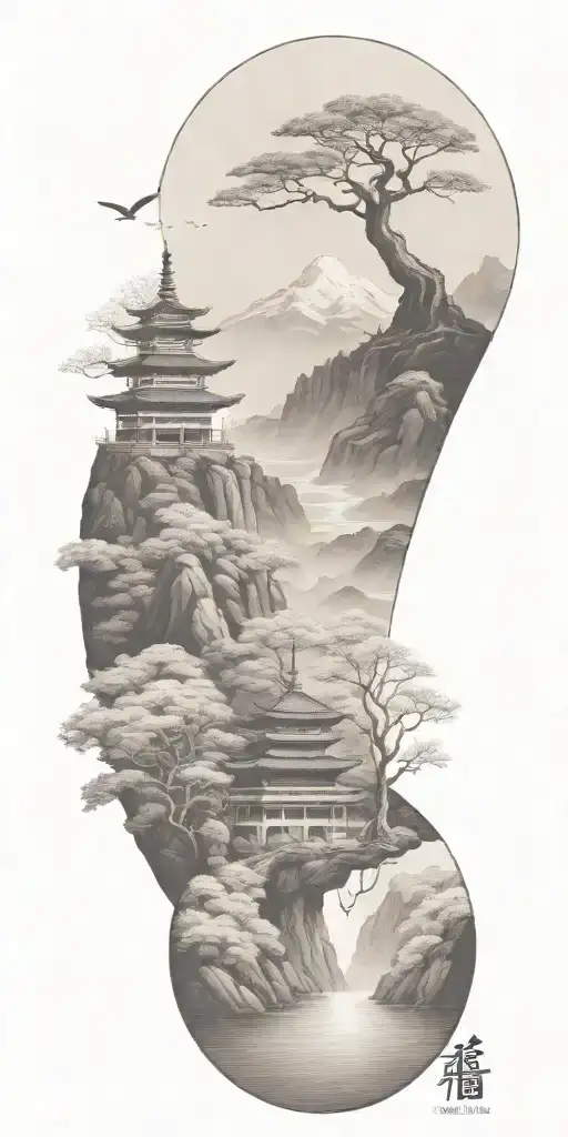 budism symbols that are uncommon. focus on nature, scenery and being grounded while on a spiritual journey tattoo design idea