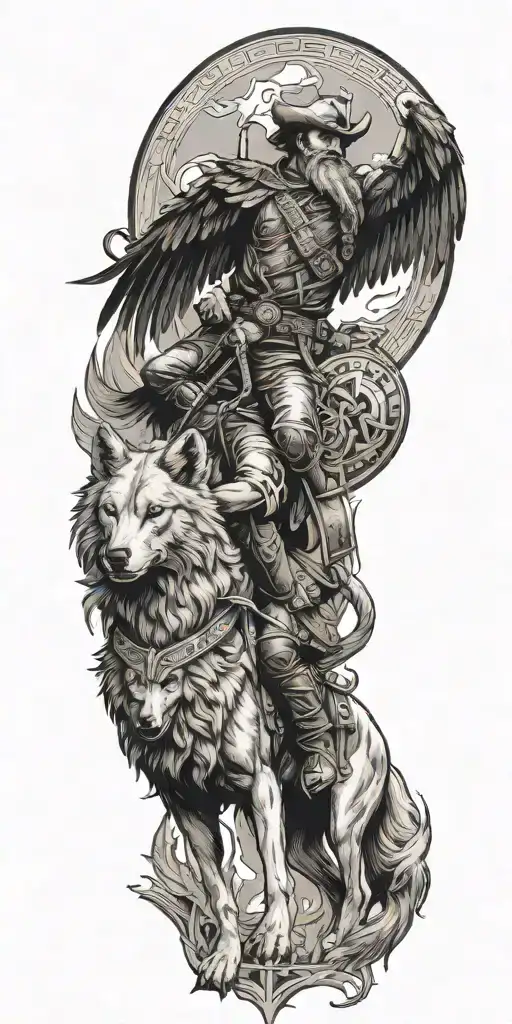 A tattoo design of a cowboy riding a wolf, with an eagle perched on his shoulder and Greek symbols incorporated into the design tattoo design idea